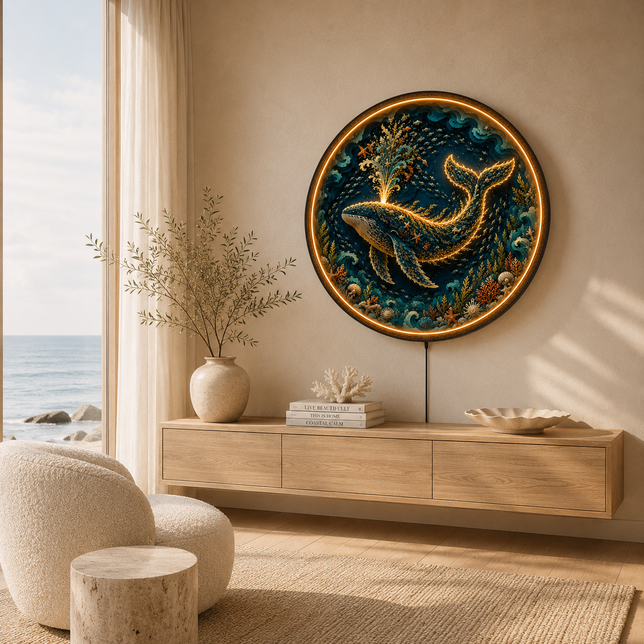 Majestic Ocean Whale LED Wall Art – Round Wooden Coastal Light Decor