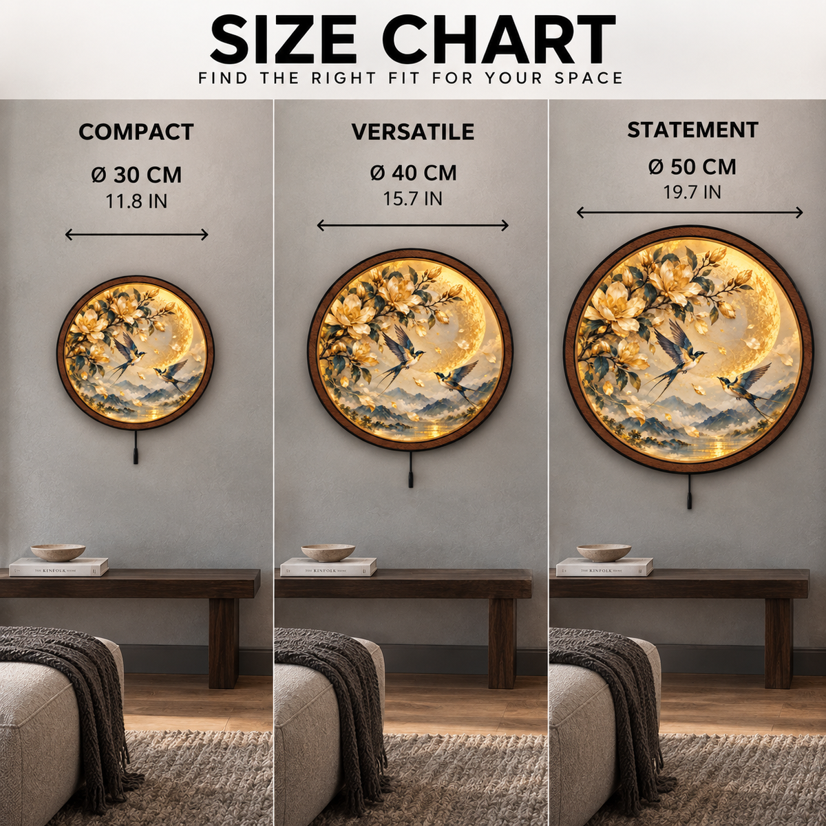 Golden Magnolia Moon LED Wall Art – Birds & Floral Nature Decor
