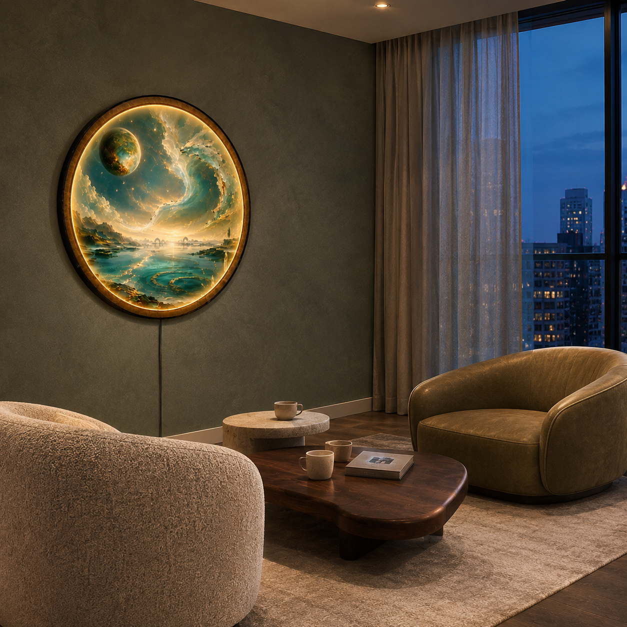 Celestial Tide LED Wall Art – Ocean Moon Wall Decor