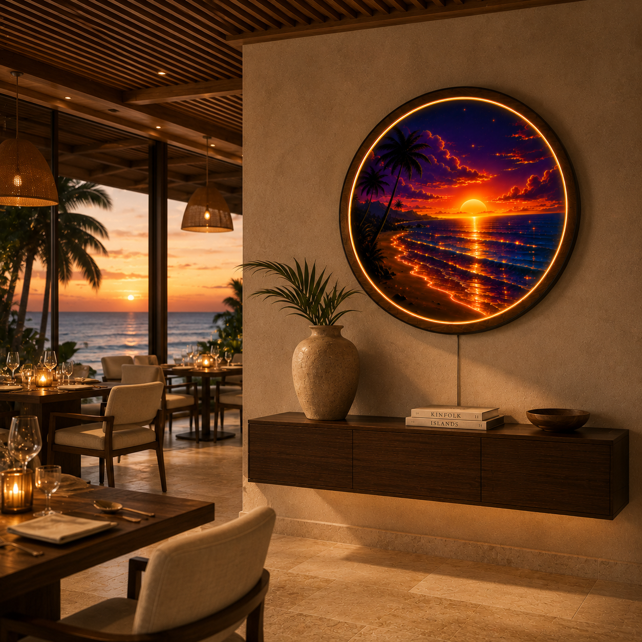 Golden Sunset Round LED Wall Art | Tropical Sunset Acrylic Wall Decor with Wooden Frame