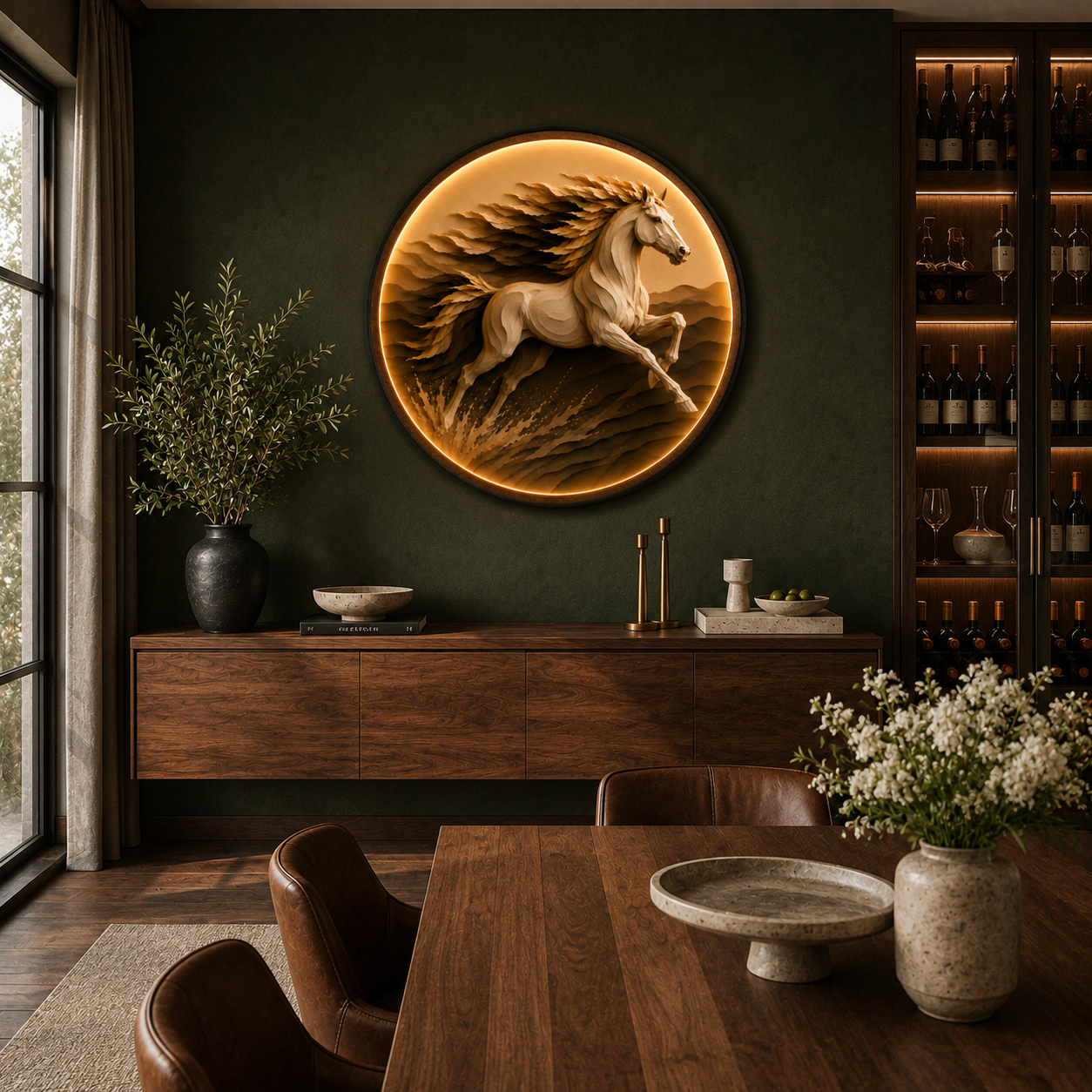 Majestic Running Horse LED Wall Art – Round Illuminated Wall Decor