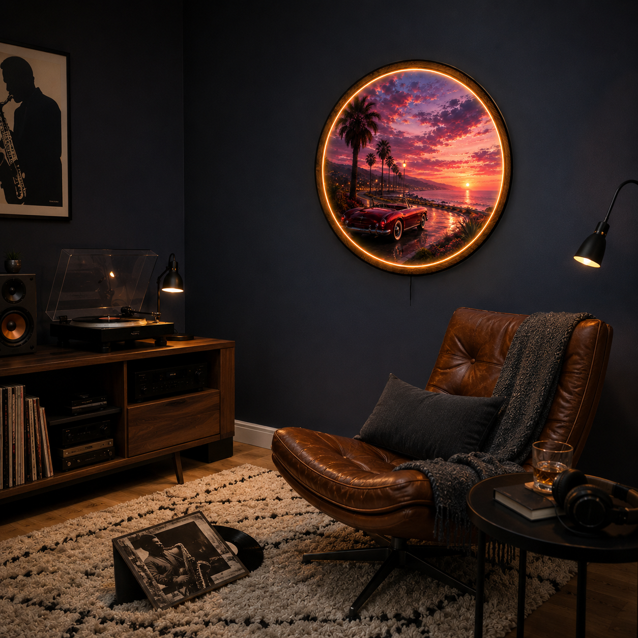 Pacific Sunset Drive LED Wall Art – Classic Car Coastal Decor