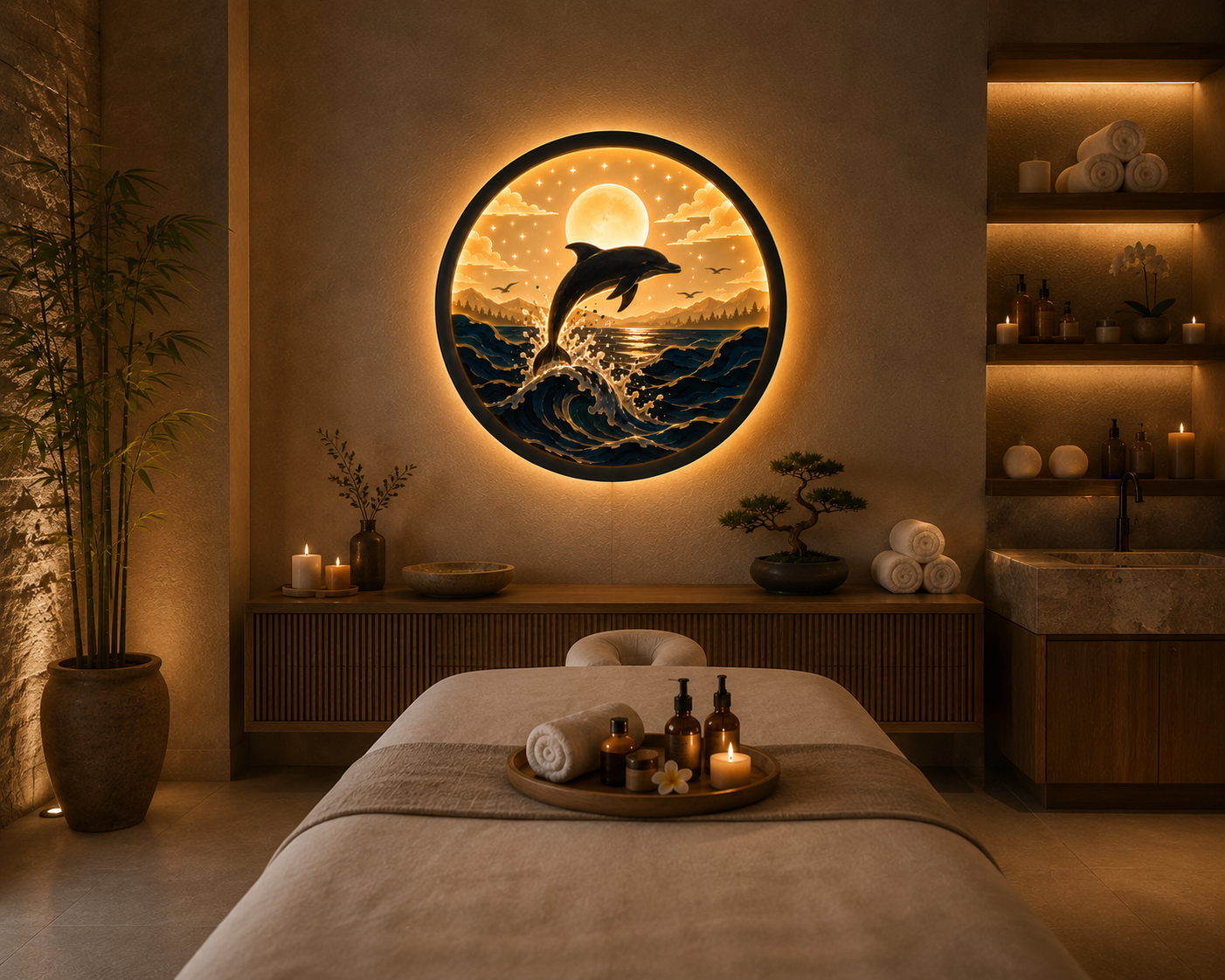 Wood Carved Dolphin Ocean Wave LED Wall Lamp | Handmade Night Light Wall Art