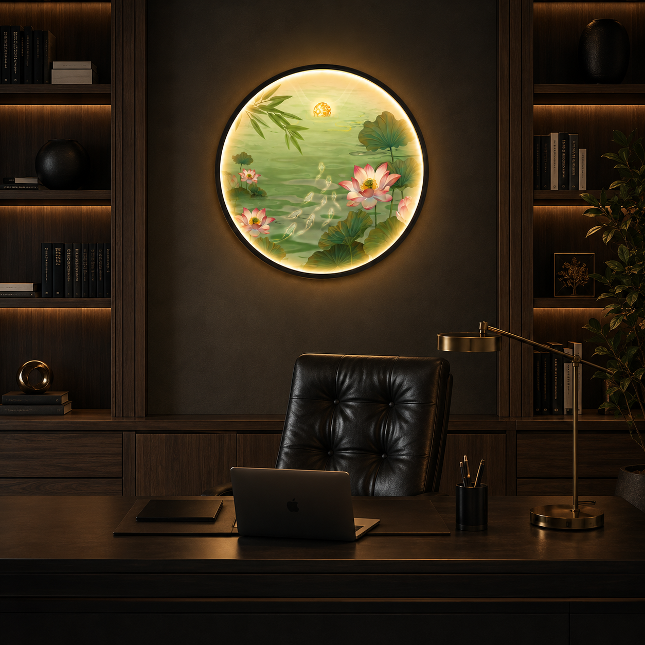 Pink Lotus Pond LED Wall Art - Koi Fish & Moon Round Wall Decor with Backlight