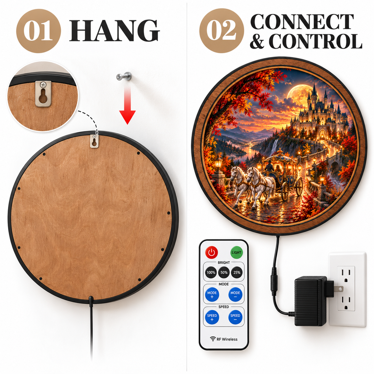 Moonlit Carriage Castle Circular LED Wall Art