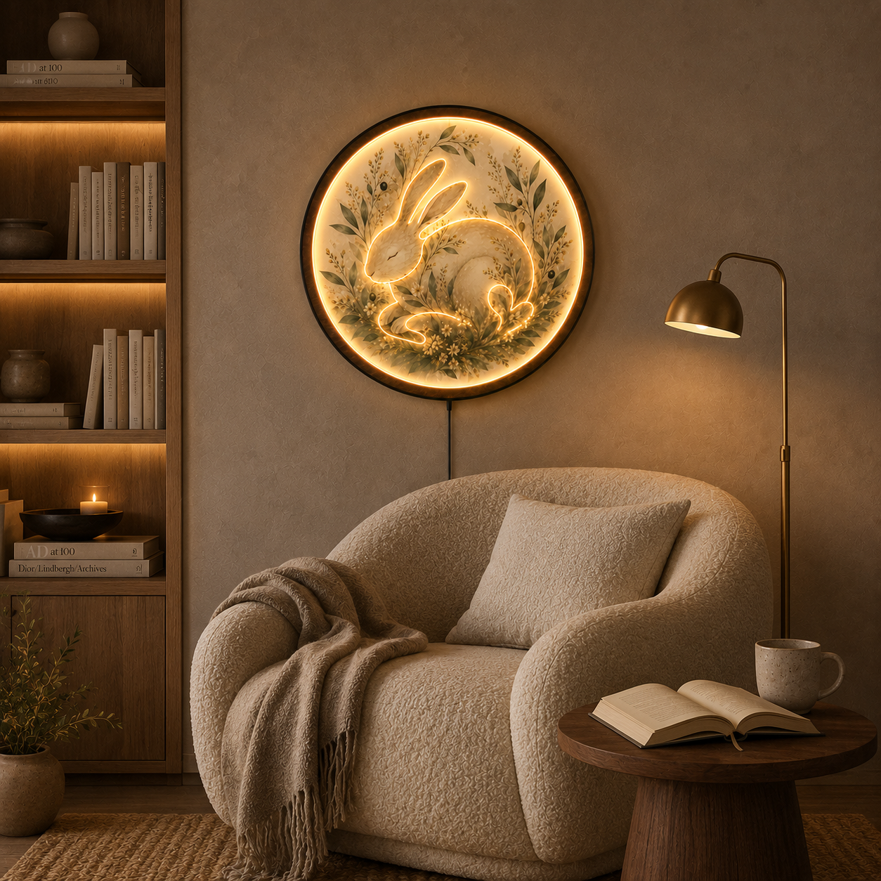 Sleeping Bunny LED Wall Art – Whimsical Round Wooden Night Light Decor
