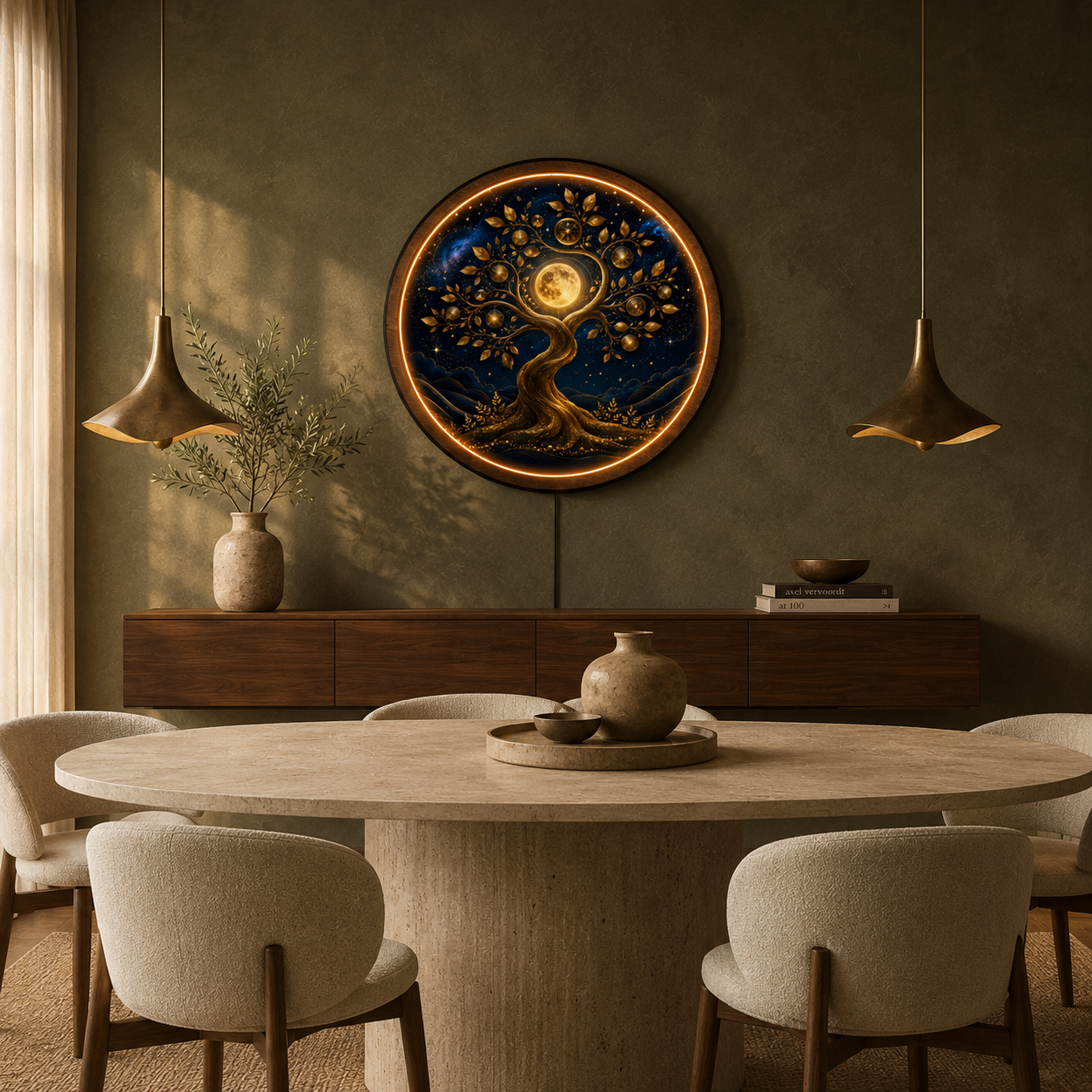 Tree of Life Moon Round LED Wall Art | Illuminated Acrylic Wall Decor with Wooden Frame