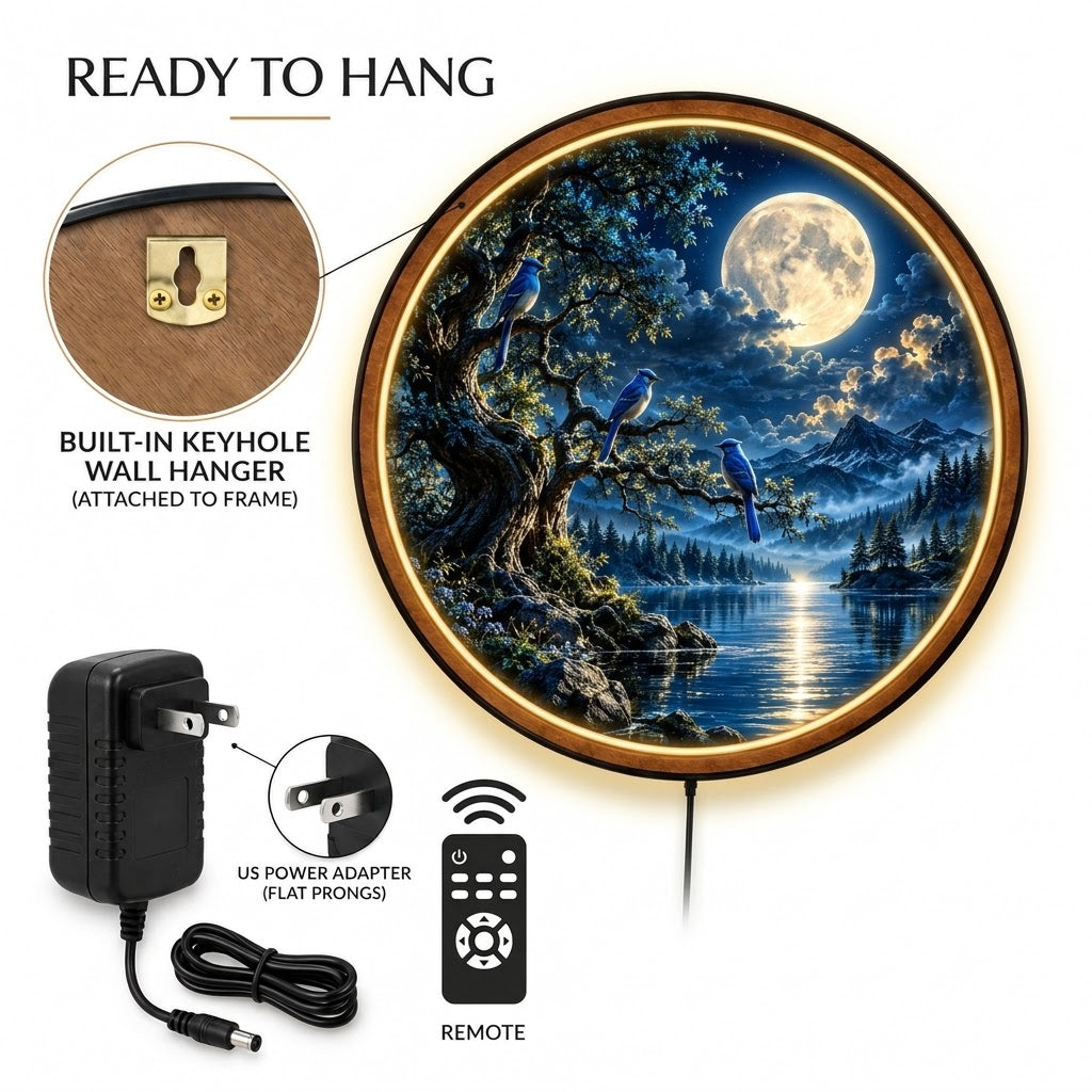 Moonlit Bluebirds – Handcrafted Round LED Wall Art