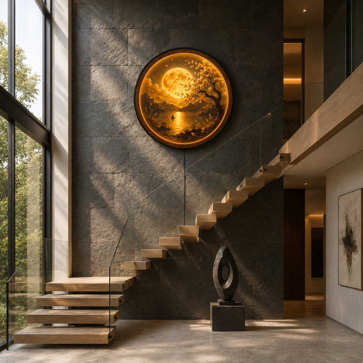 Golden Moon Bonsai LED Wall Art – Illuminated Landscape Decor