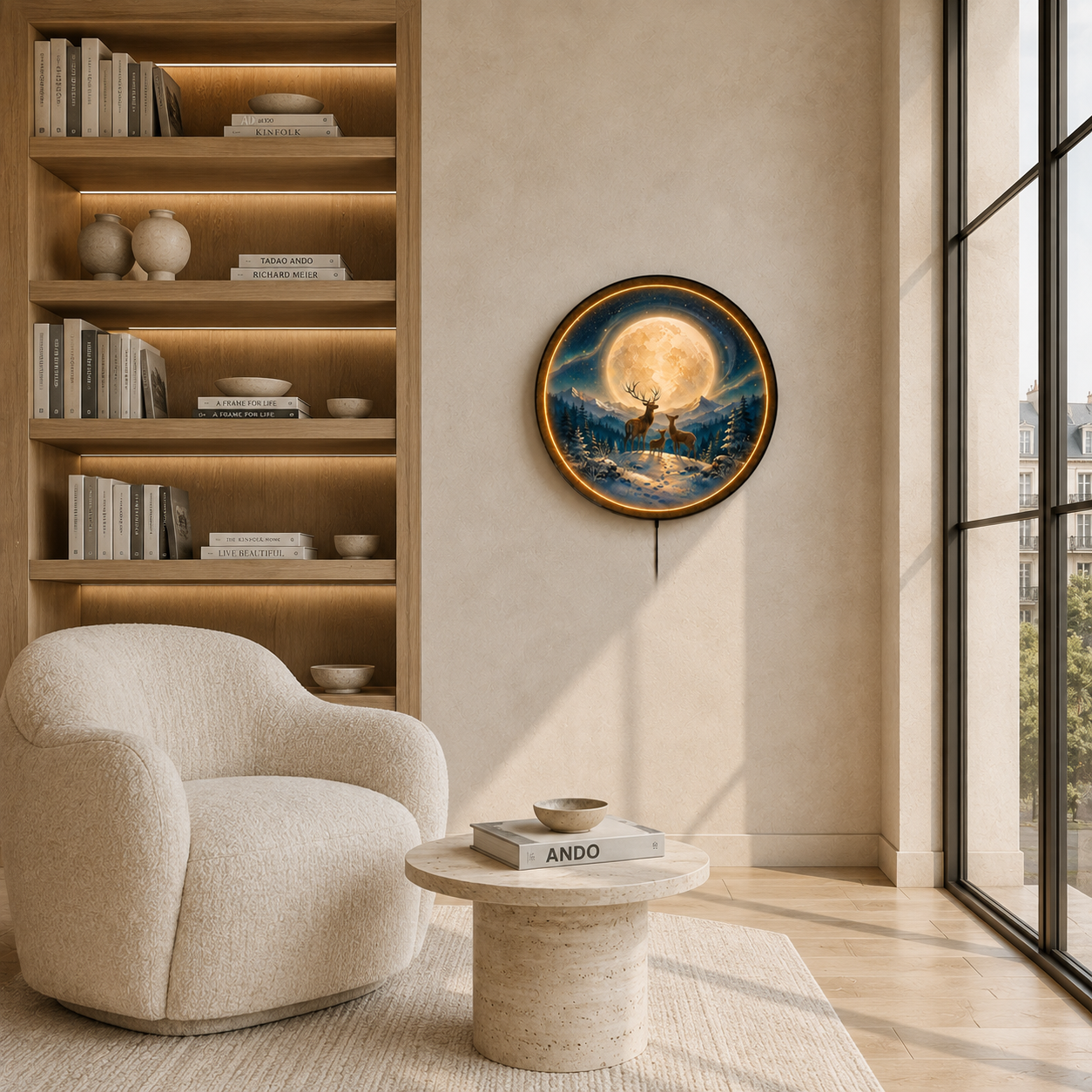 Moonlit Deer Family LED Wall Art – Illuminated Forest Moon Decor
