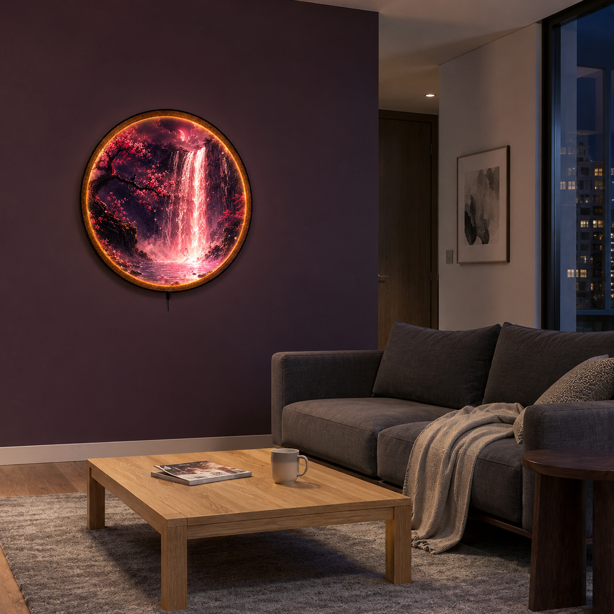 Crimson Veil LED Wall Art – Moonlit Waterfall Decor