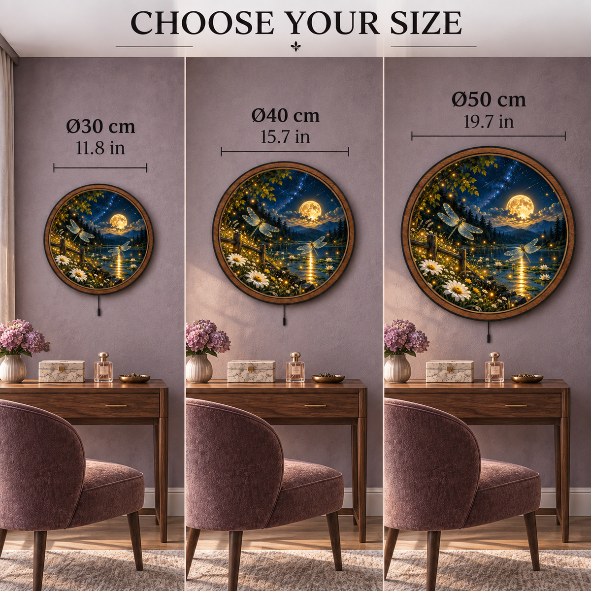 Dragonfly Moon Garden — Golden Night LED Wall Art | Moonlit Lake Decor