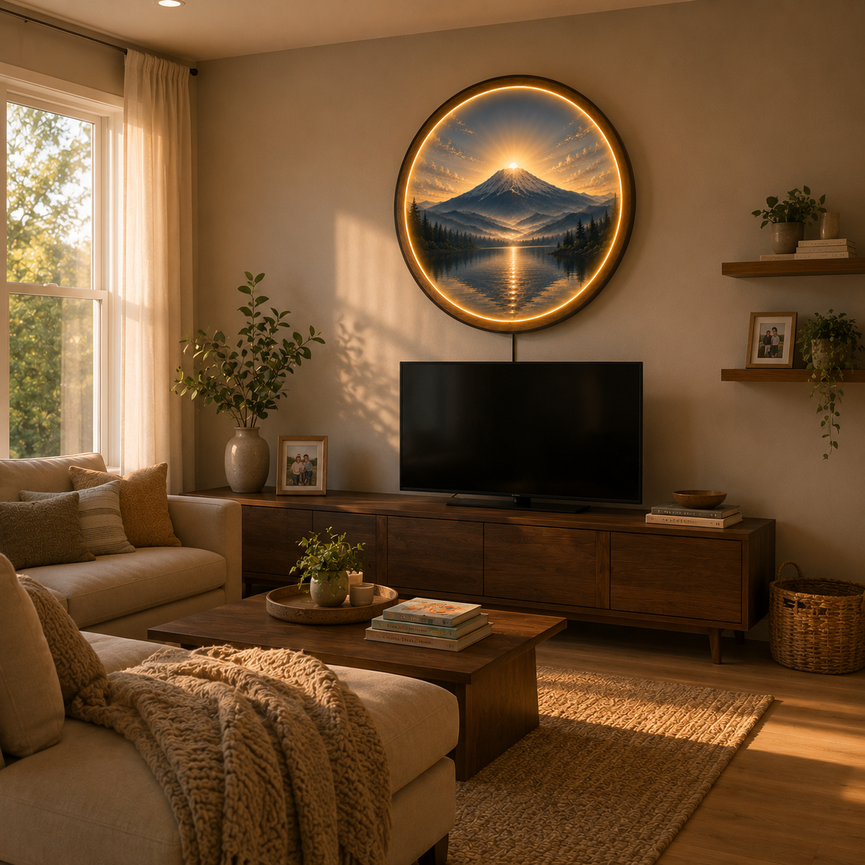 Mount Fuji Sunrise LED Wall Art – Round Illuminated Acrylic Decor