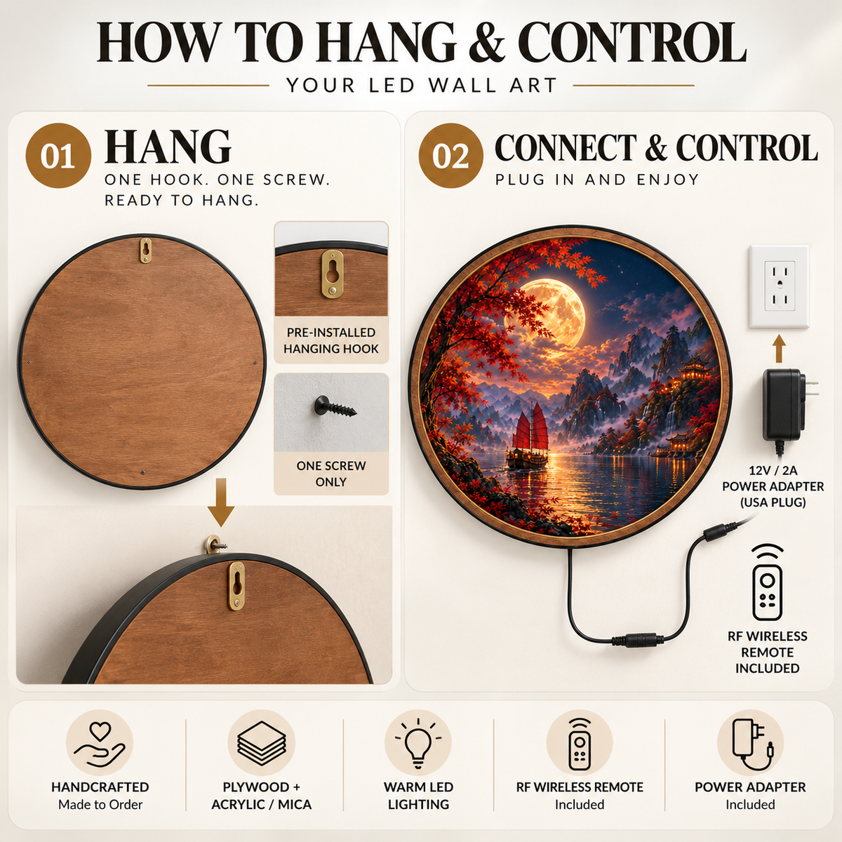 Golden Moon Red Maple Mountain Lake Circular LED Wall Art