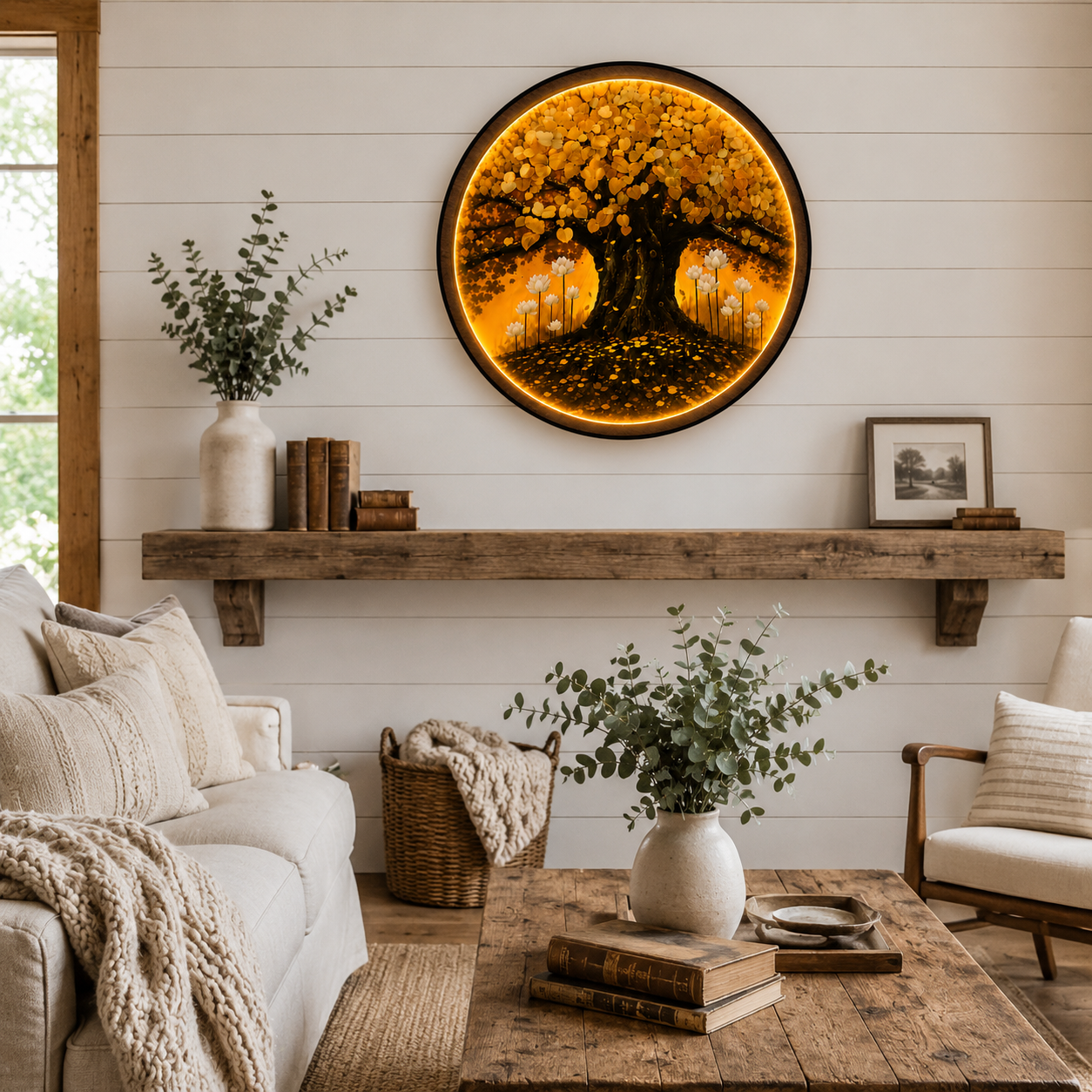 Golden Tree of Life LED Wall Art - Round Wooden Wall Decor with Lotus Flowers & Backlit LED