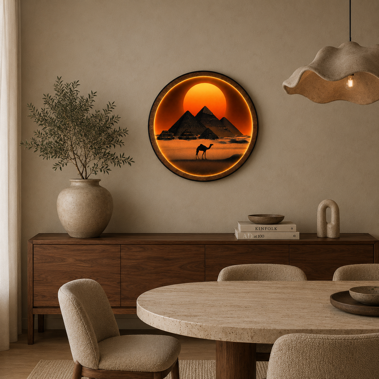 Desert Sunset Pyramid LED Wall Lamp – Wooden Frame Wall Art