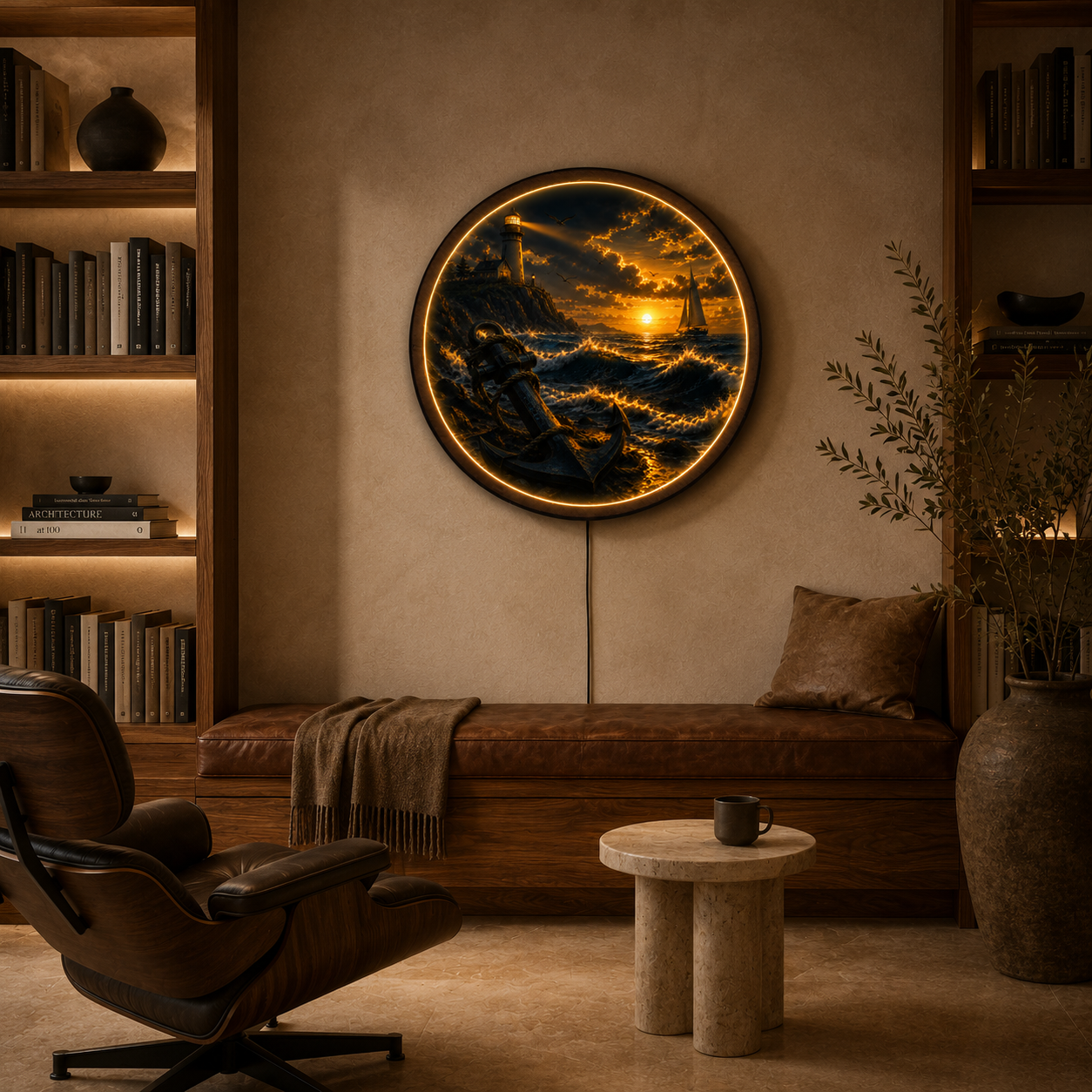 Beacon of Hope Round LED Wall Art | Lighthouse Sunset Acrylic Wall Decor with Wooden Frame
