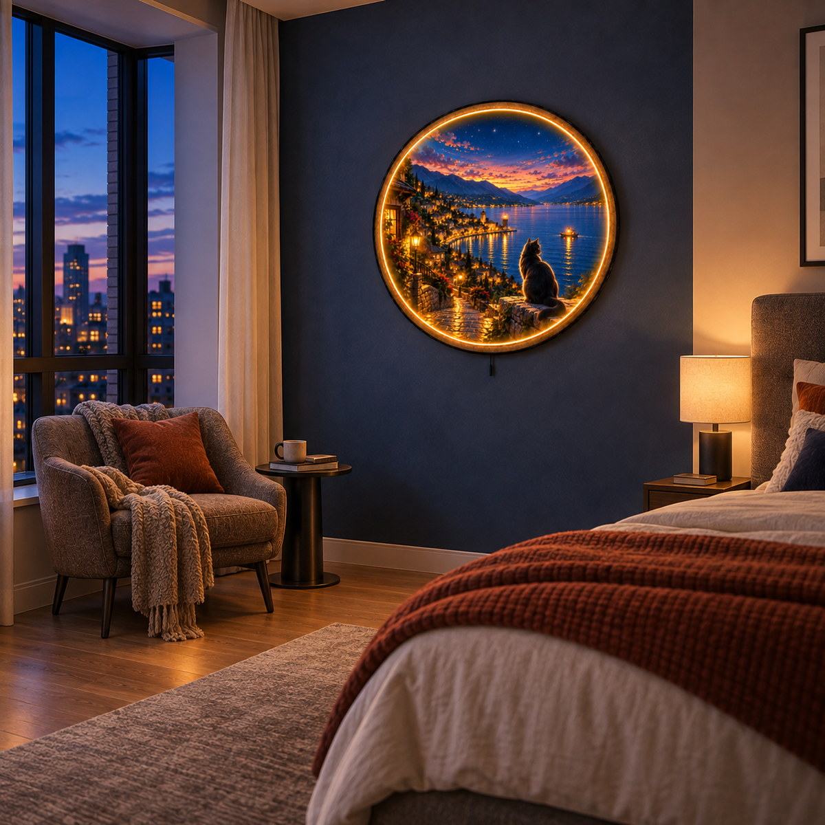 Harborlight LED Wall Art – Black Cat Lakeside Evening Decor