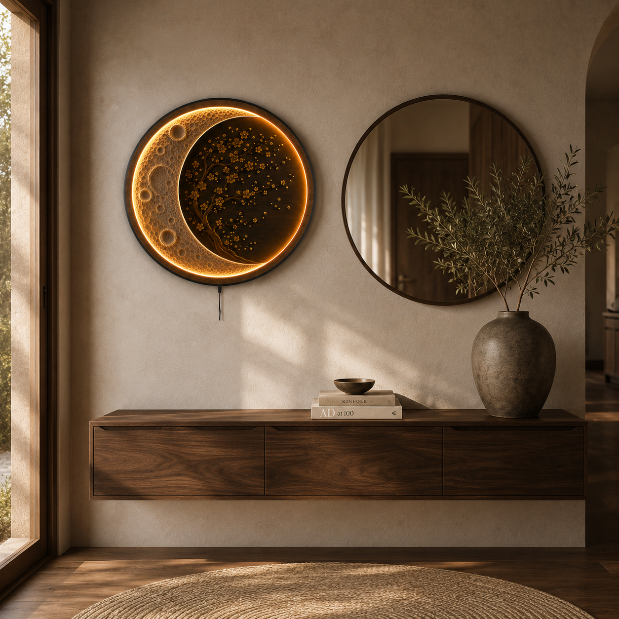 Moon Blossom LED Wall Art | Round Illuminated Moon & Cherry Blossom Wall Decor with Remote | Warm Ambient Light