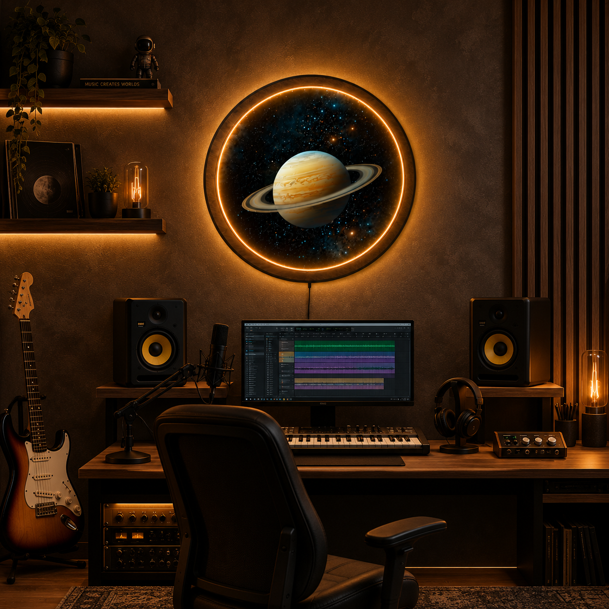 Saturn LED Wall Art Light – Circular Wooden Frame Space Decor Lamp