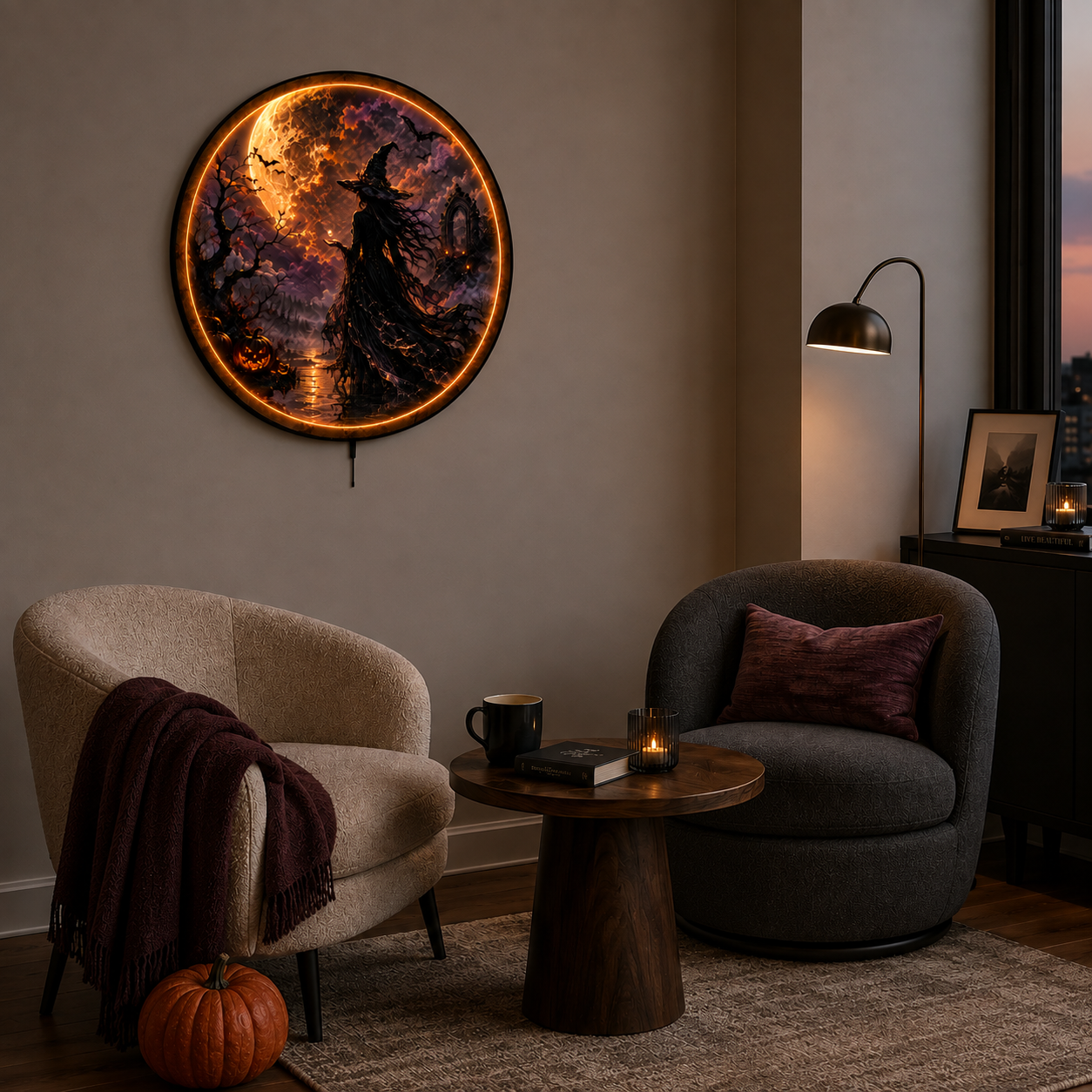 Moonlit Witch LED Wall Art – Gothic Halloween Decor