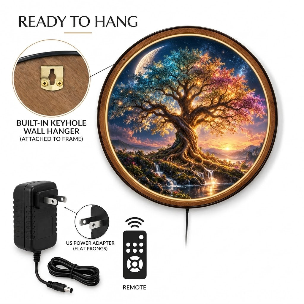 The Eternal Tree – Handcrafted Round LED Wall Art