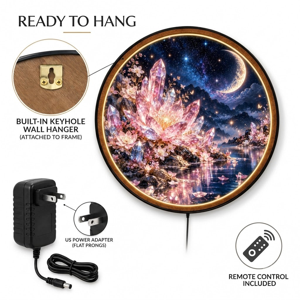 Moonlit Crystal Blossom – Handcrafted Round LED Wall Art