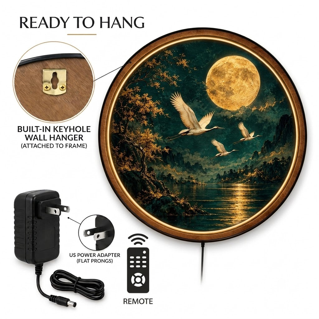 Handcrafted Moonlit Cranes LED Wall Art – Golden Full Moon & Flying White Cranes
