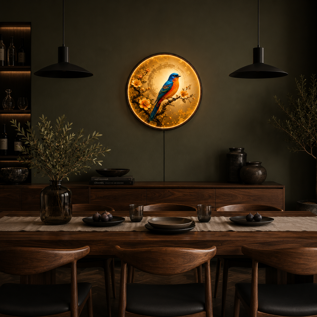 Bluebird Blossom LED Wall Art – Round Illuminated Nature Wall Decor