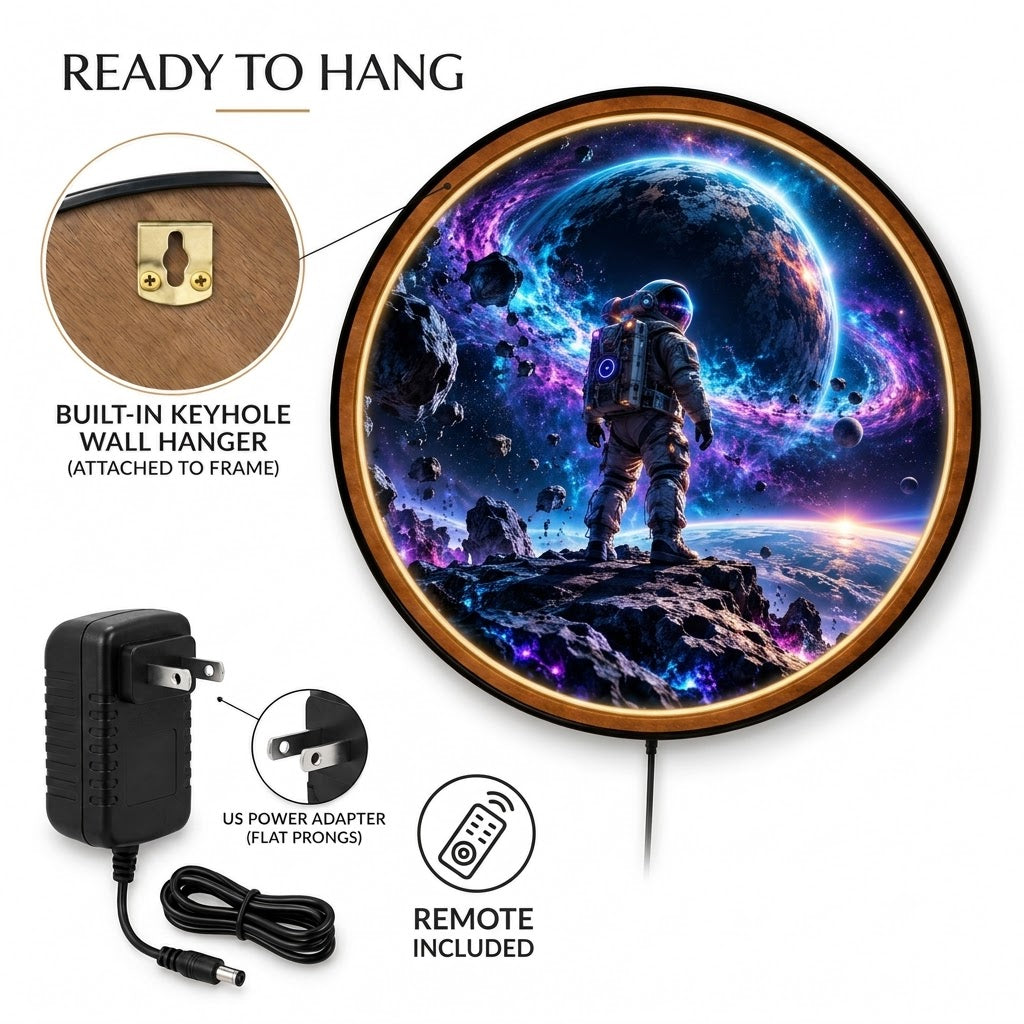 Beyond the Cosmos – Handcrafted LED Wall Art | Astronaut & Galaxy Space Decor