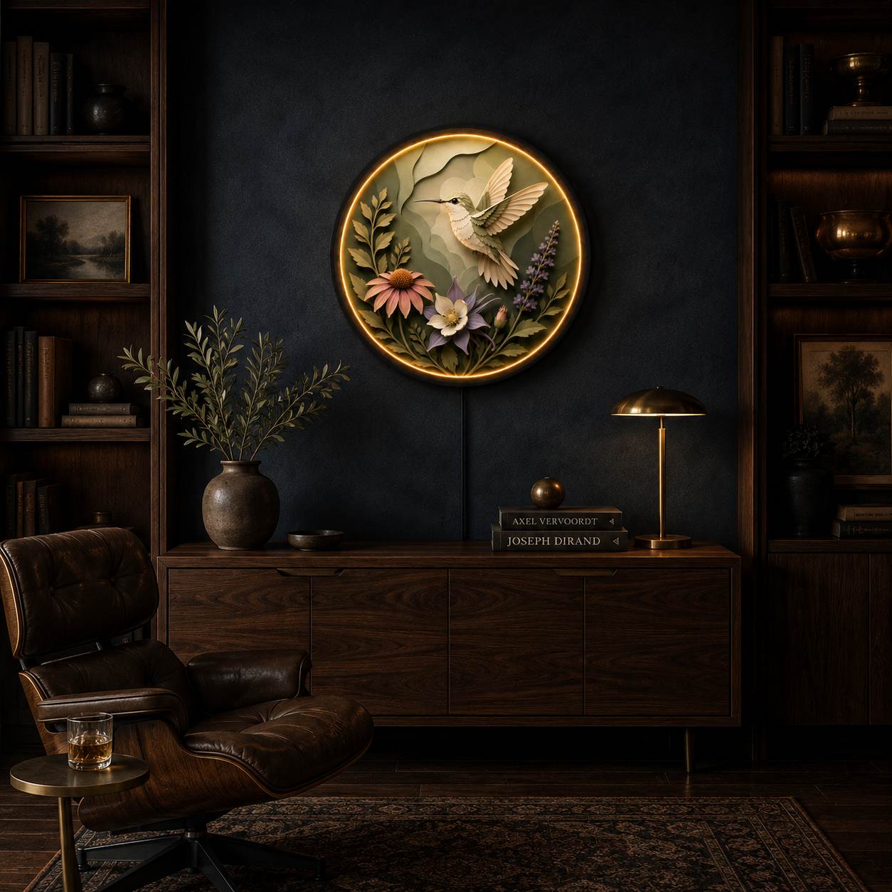 Hummingbird Bloom LED Wall Art – Round Nature Lighted Wall Decor