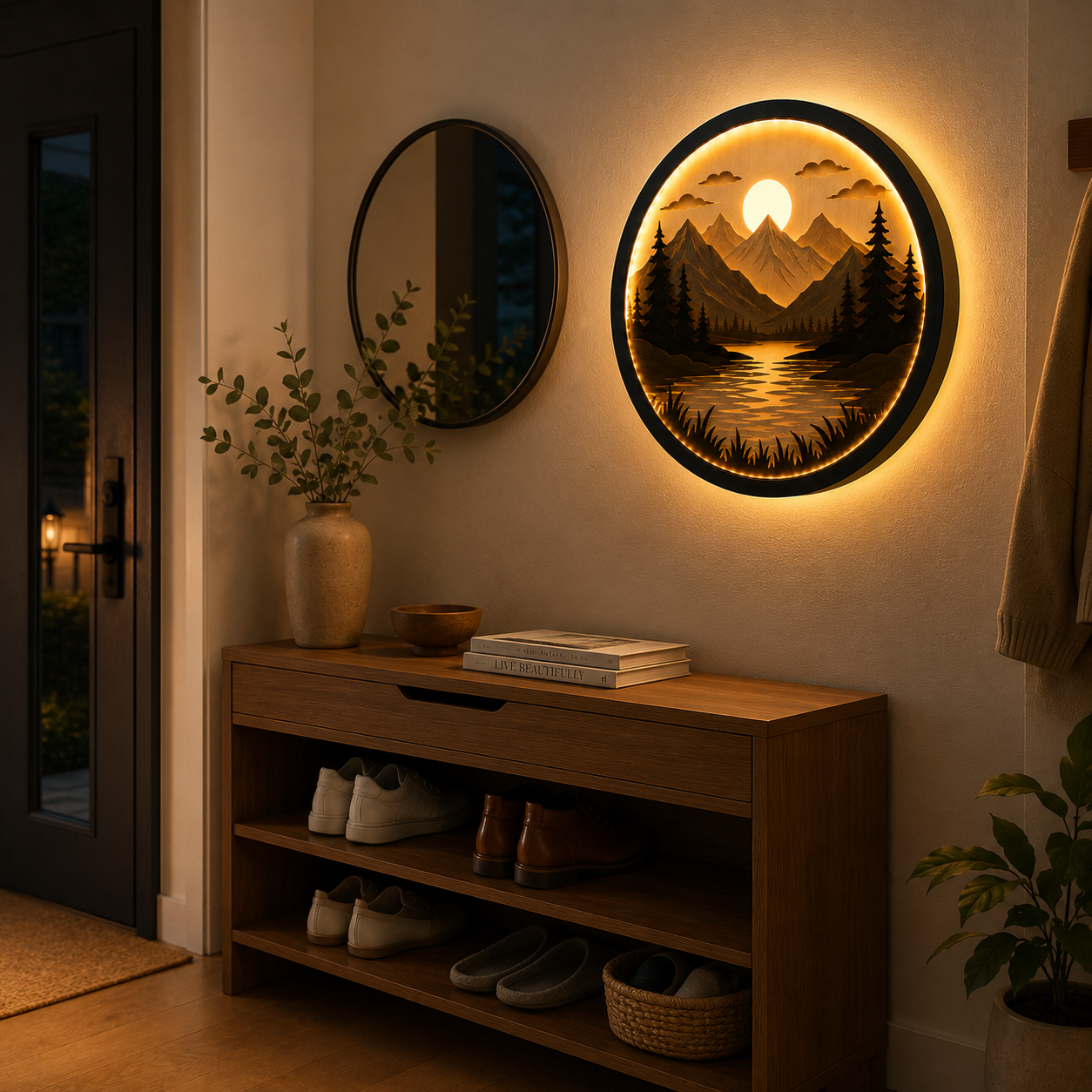 Handcrafted Wood Art Light - 3D Layered Mountain & Lake Design - Warm LED Backlight