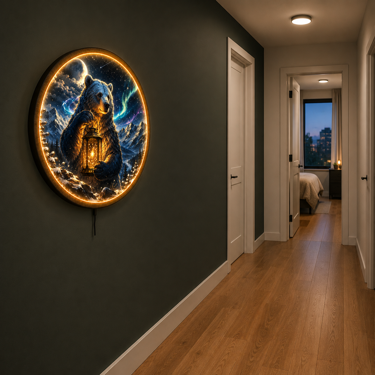 Northern Lightkeeper LED Wall Art – Bear & Aurora Mountain Decor