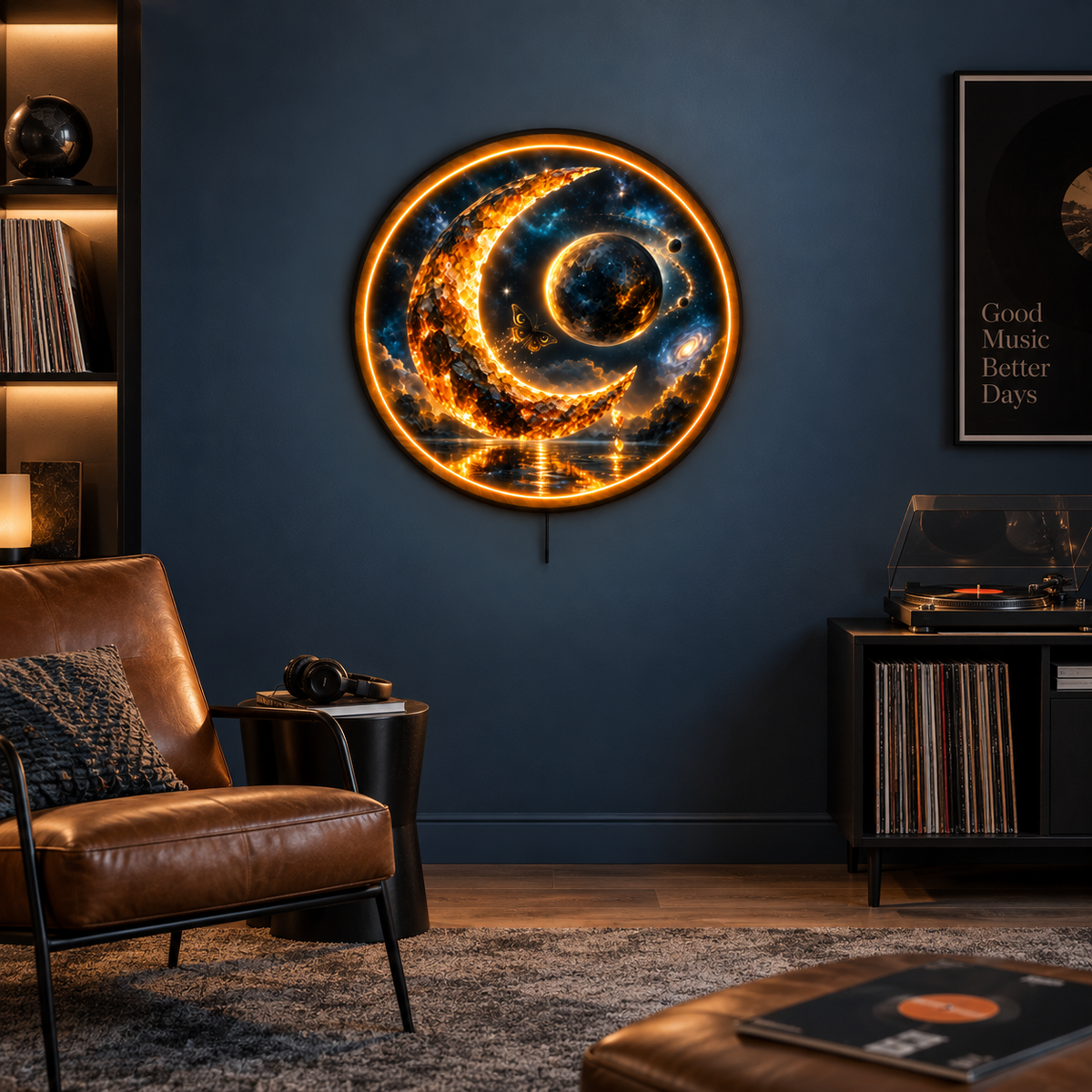 Ember Crescent LED Wall Art – Celestial Moon & Galaxy Decor