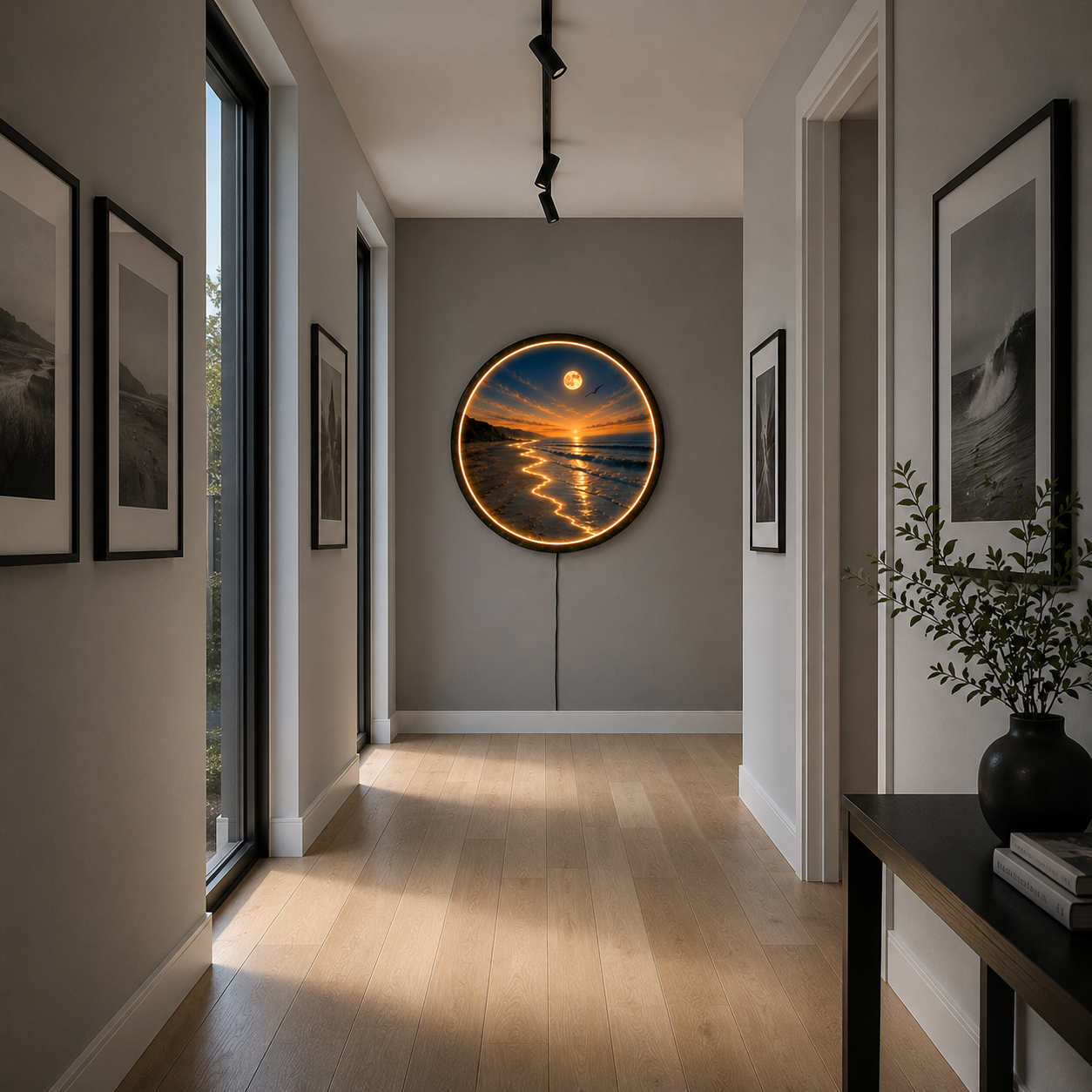 Moonlit Coastal Serenity LED Wall Art – Round Wooden Ocean Light Decor