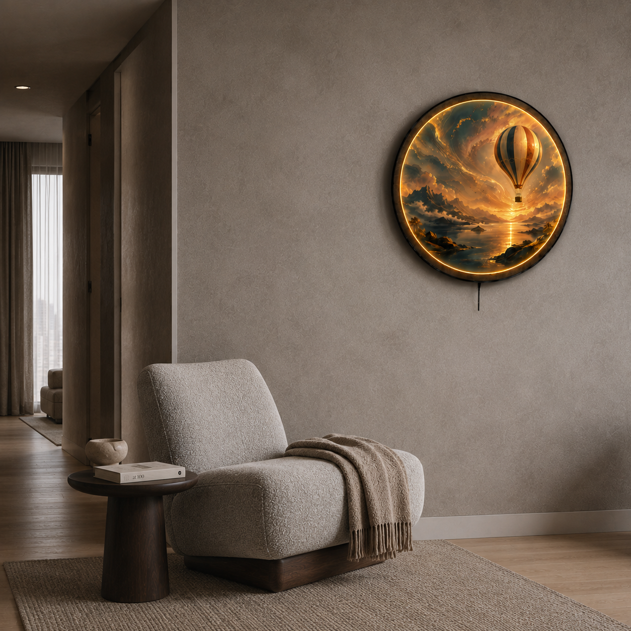 Golden Voyage Hot Air Balloon LED Wall Art – Round Scenic Decor