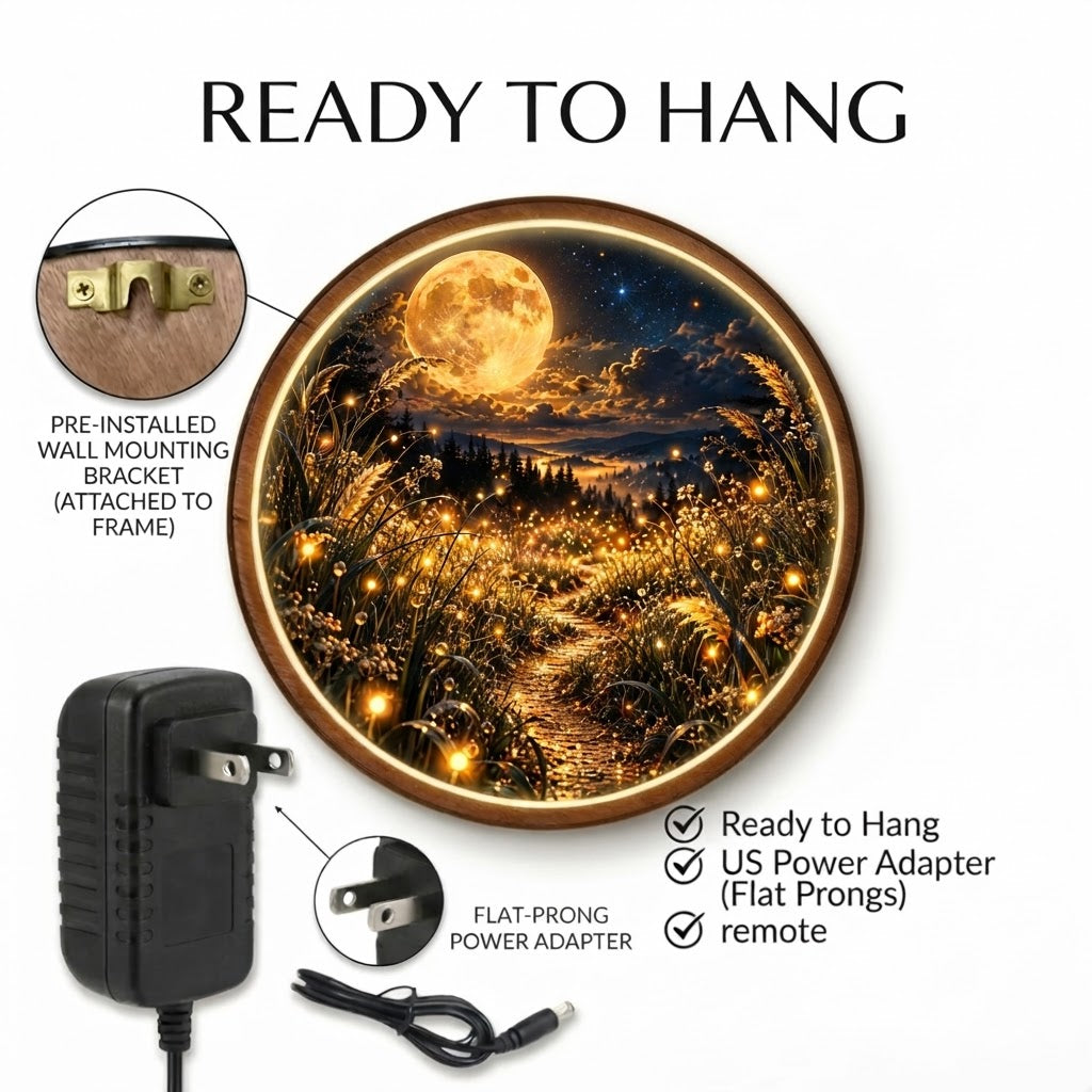 Handcrafted Golden Moonlight LED Wall Art – Enchanted Firefly Meadow & Full Moon