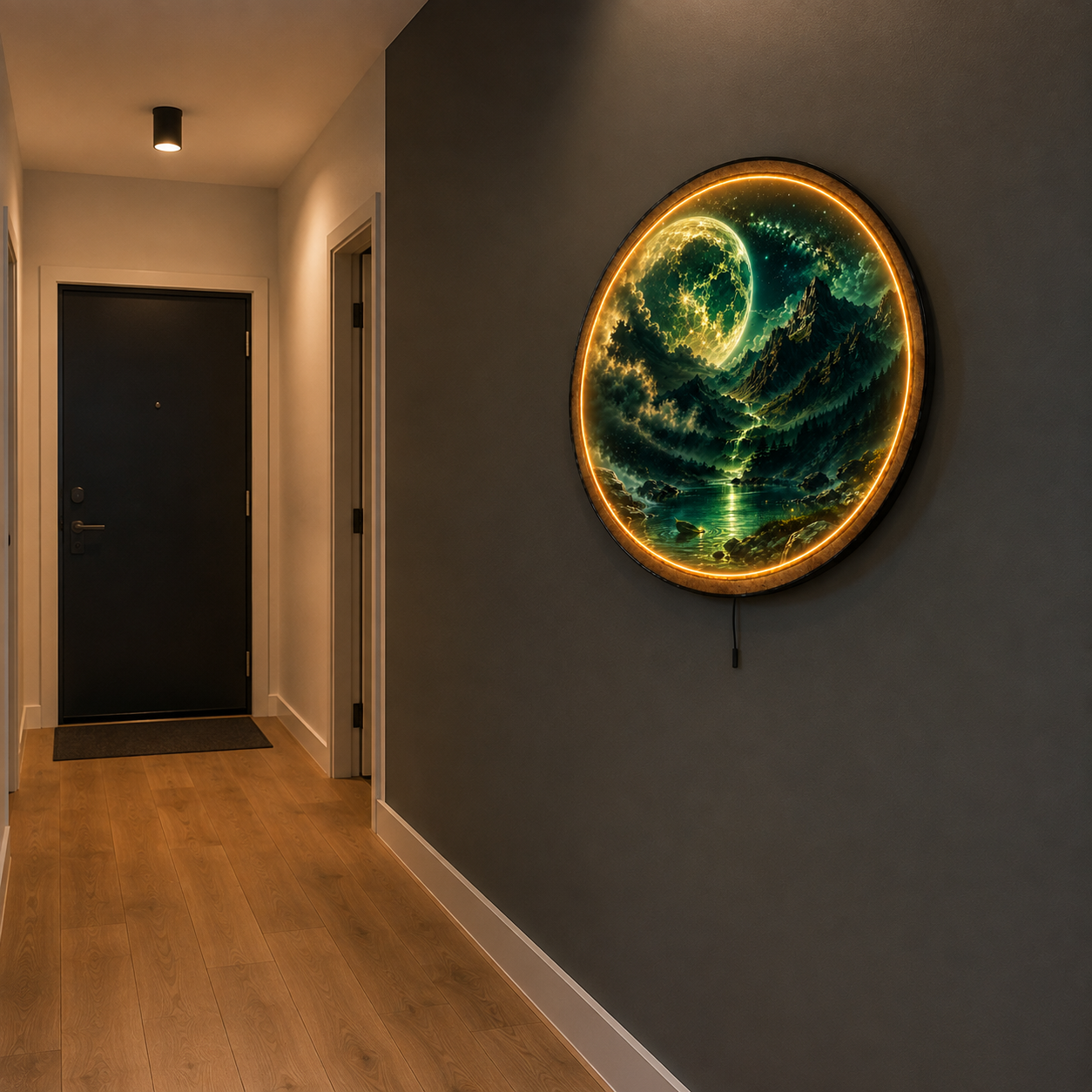 Emerald Moonfall LED Wall Art – Celestial Mountain & Moon Decor