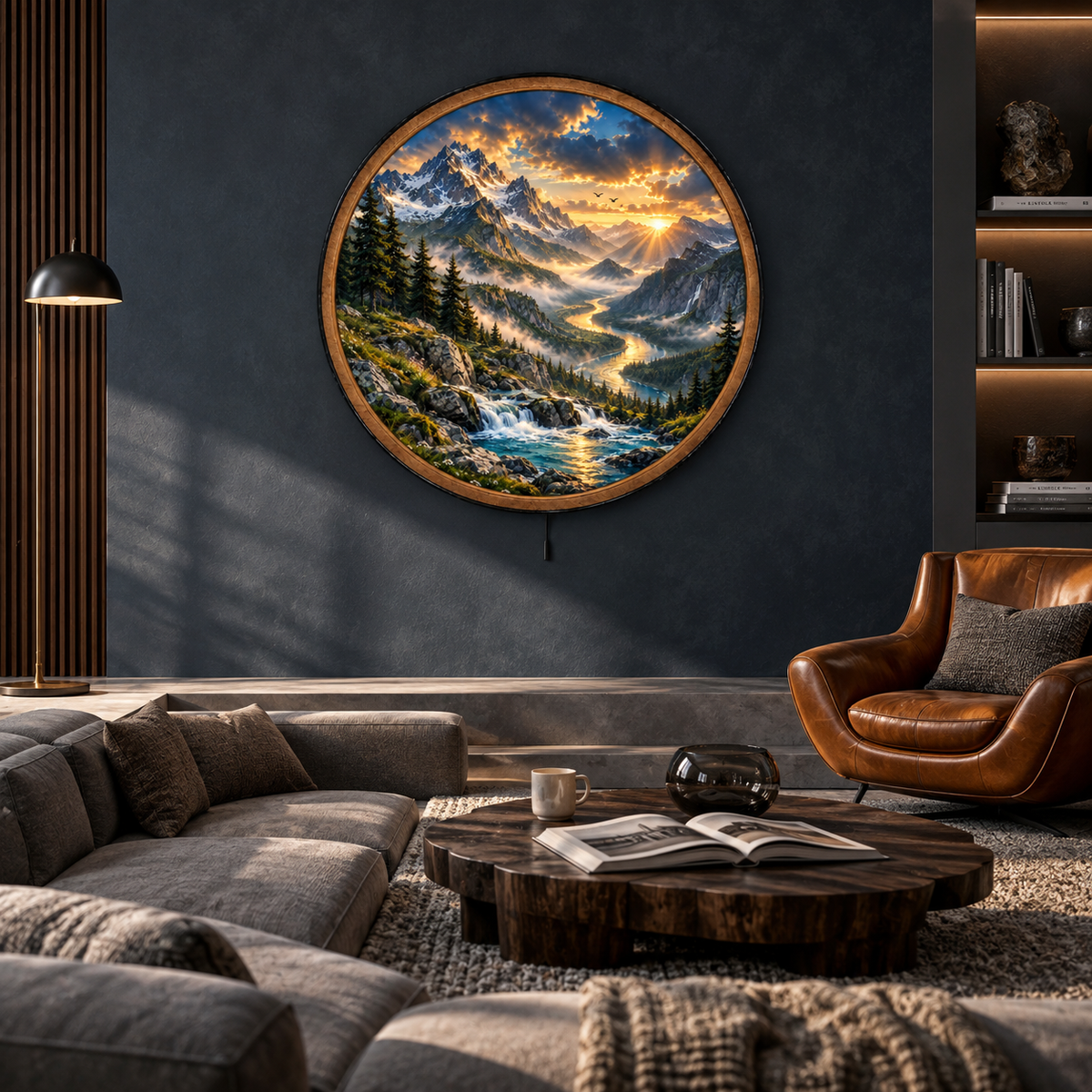 Golden Alpine River LED Wall Art – Mountain Sunrise Landscape Decor