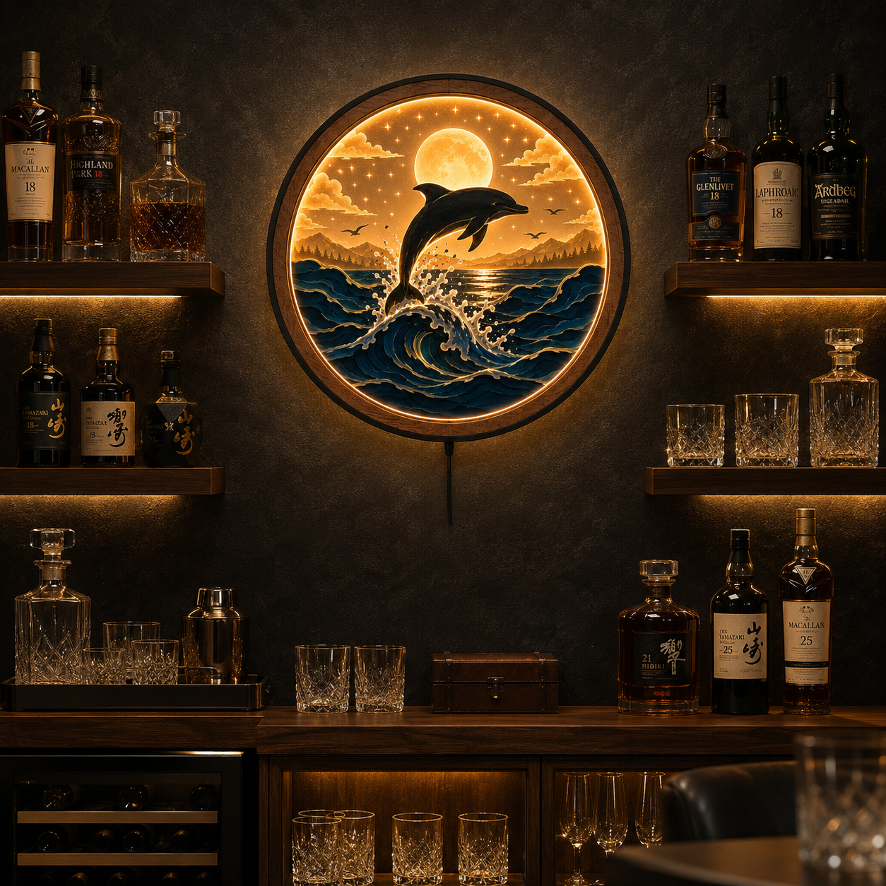 Wood Carved Dolphin Ocean Wave LED Wall Lamp | Handmade Night Light Wall Art