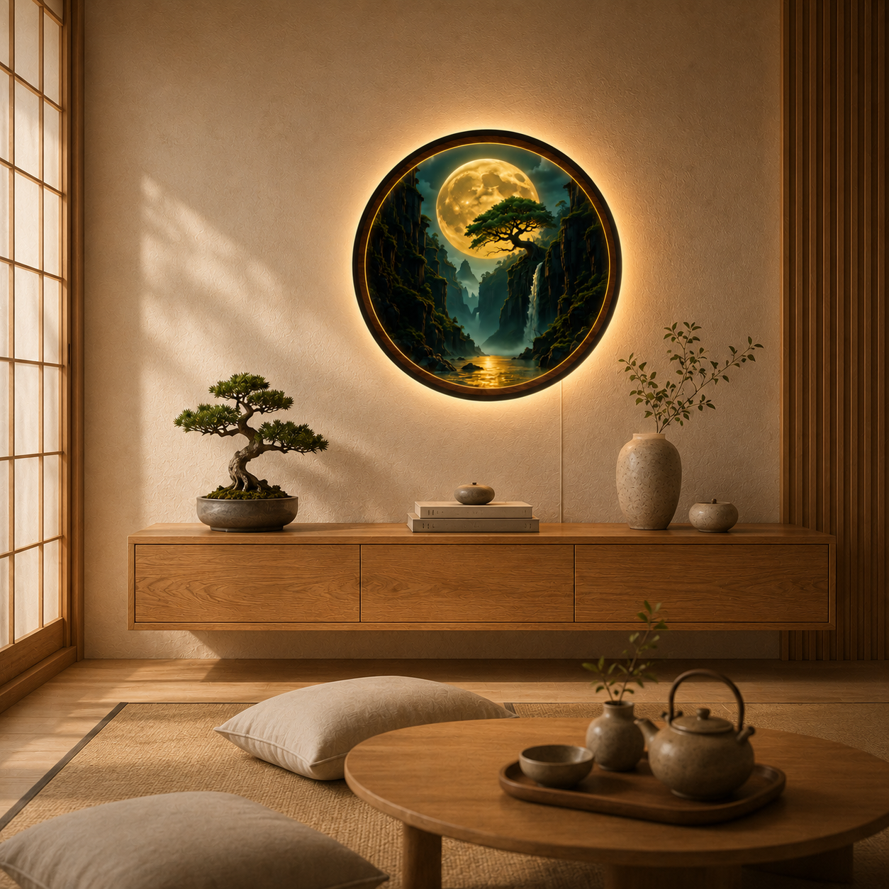 Moonlit Waterfall Canyon LED Wall Lamp | Fantasy Wood Art