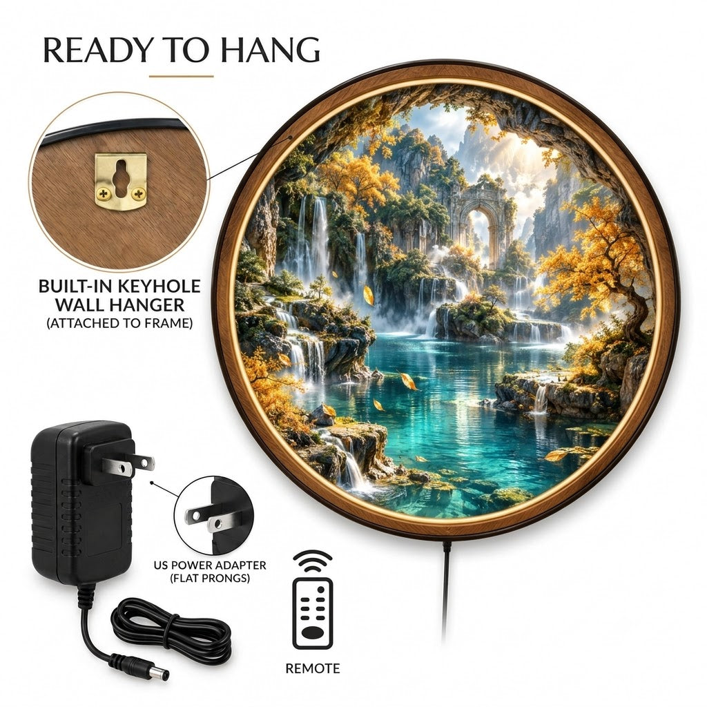Enchanted Autumn Falls – Handcrafted Round LED Wall Art