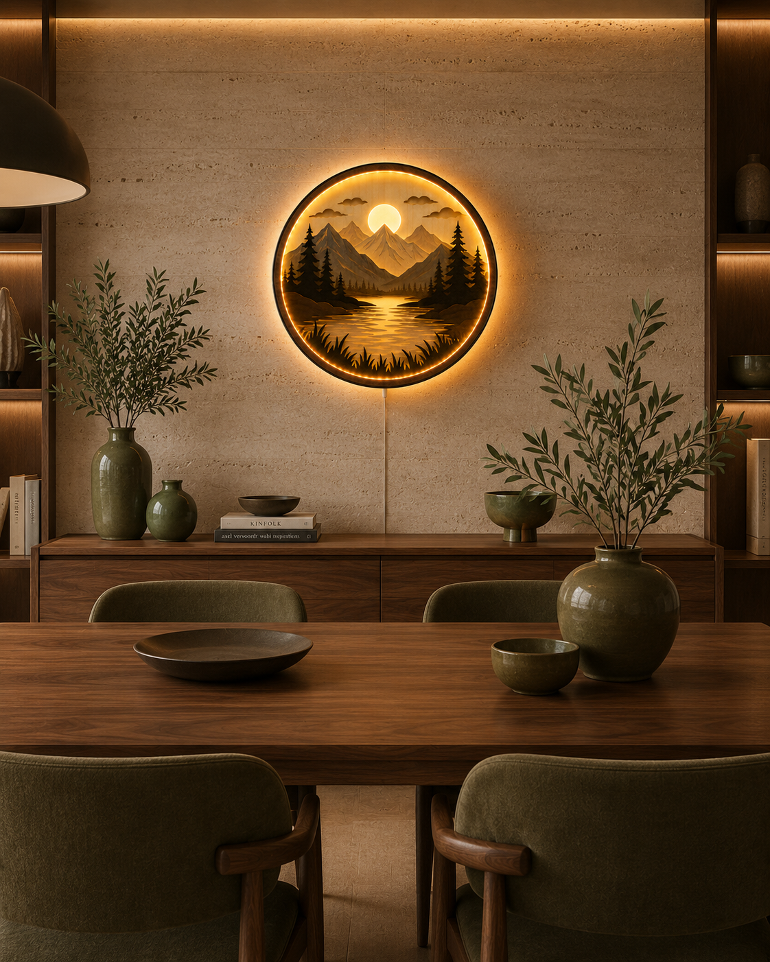 Handcrafted Wood Art Light - 3D Layered Mountain & Lake Design - Warm LED Backlight