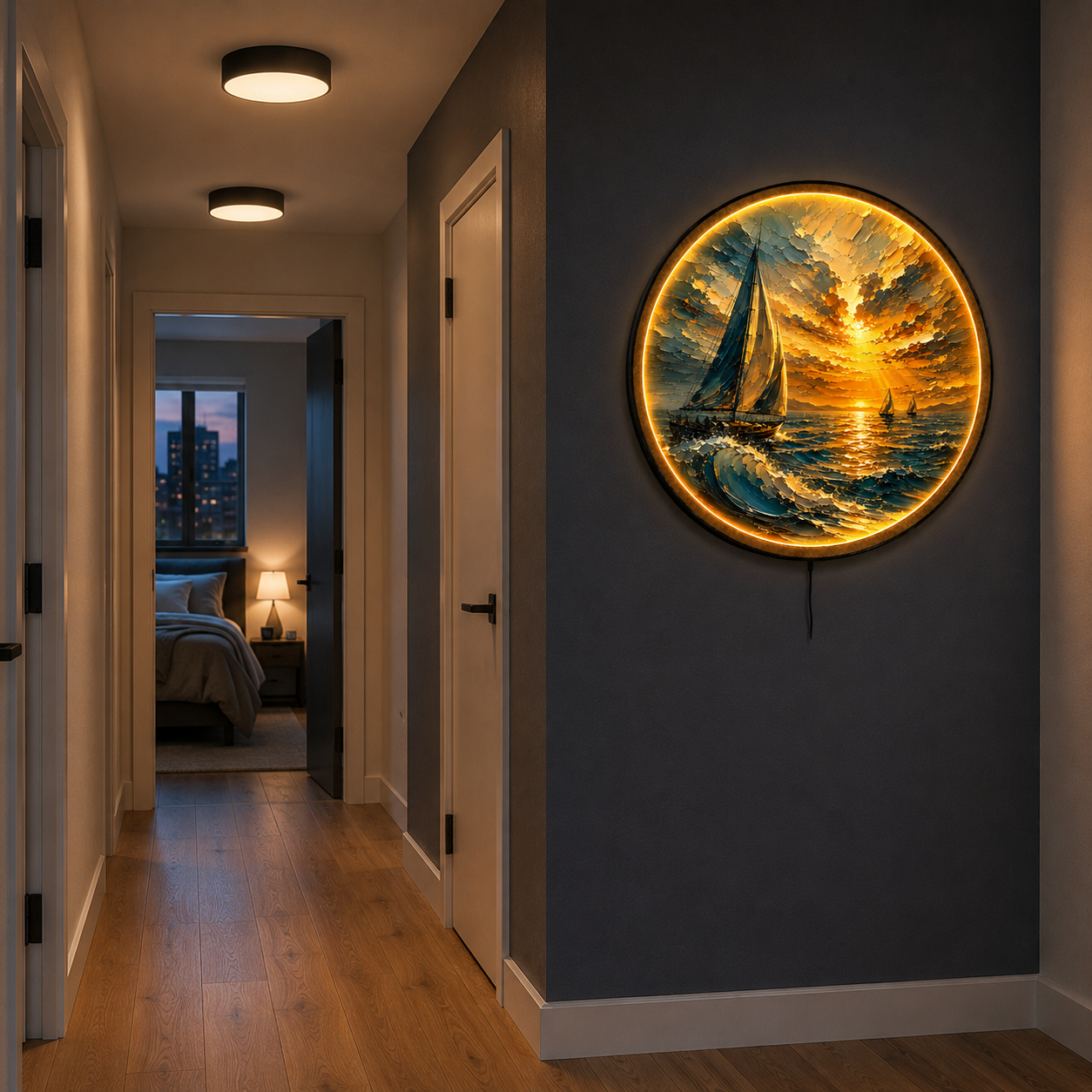 Sunward Sailing LED Wall Art – Golden Ocean Sunset Decor