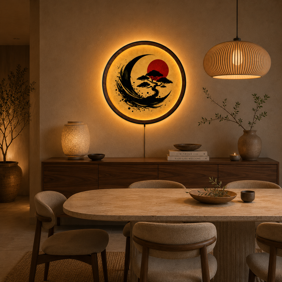 Wood Carved Japanese Bonsai Moon LED Wall Lamp | Zen Sumi-e Style Night Light
