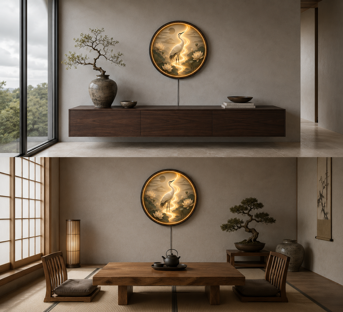 Lotus Serenity Crane LED Wall Art – Round Zen Wooden Light Decor