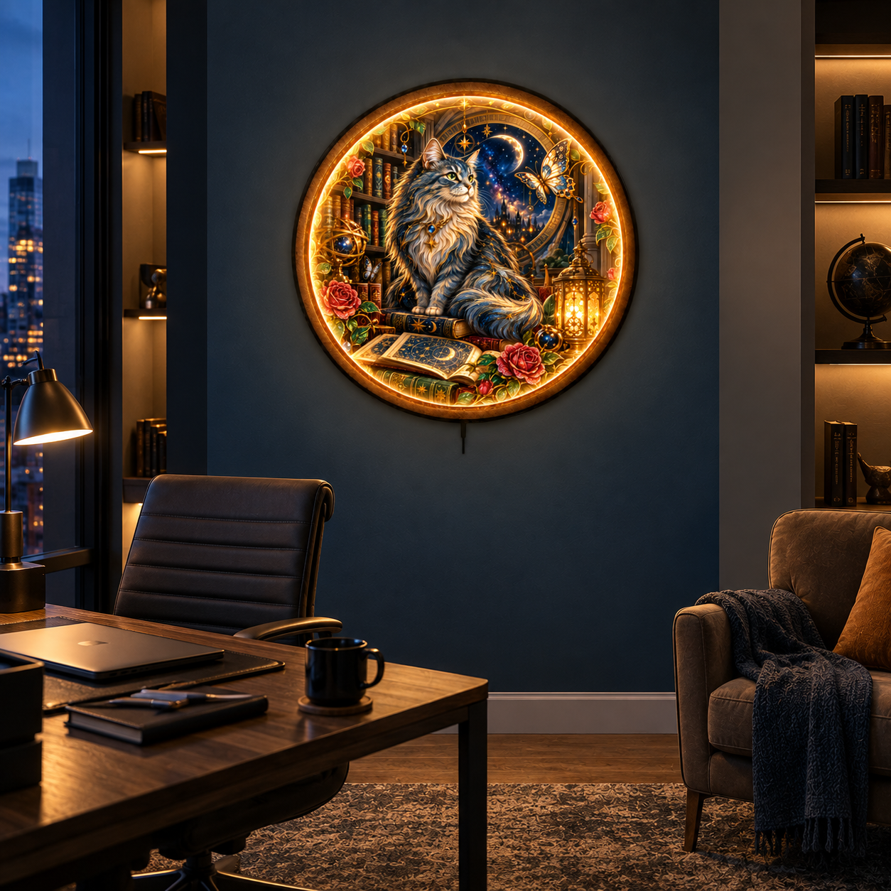 Celestial Cat LED Wall Art – Moonlit Library Fantasy Decor