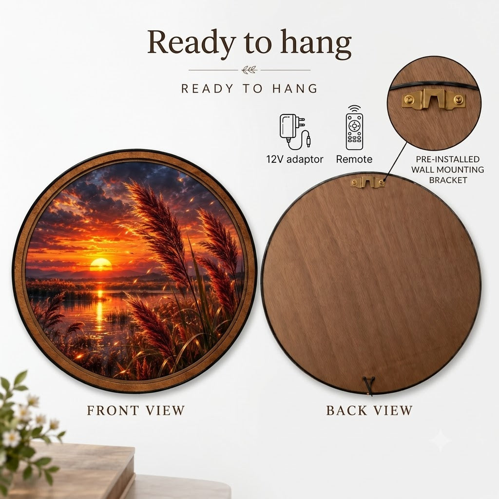 Handcrafted Golden Reeds Sunset Lake LED Wall Art