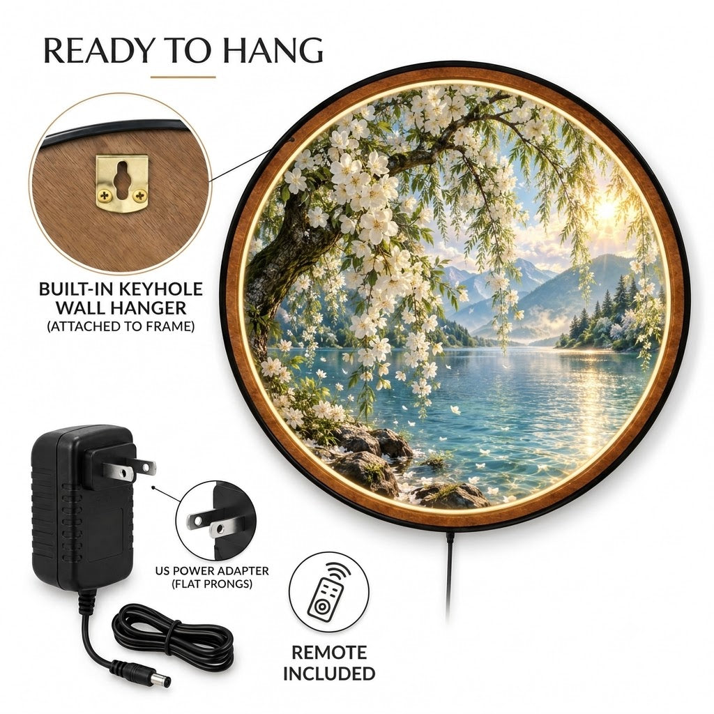 Spring Blossom Serenity – Handcrafted Round LED Wall Art