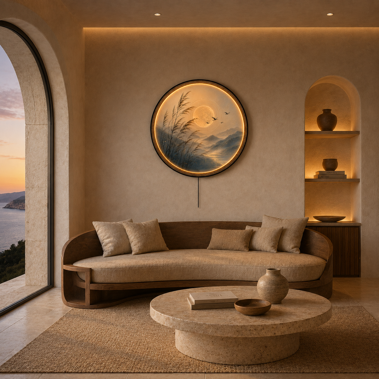 Golden Mist Serenity LED Wall Art – Japanese Zen Landscape Illuminated Round Wall Decor